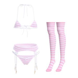 Women Kawaii Anime Lingerie Set Halter Strap Micro Bra Tiny Panty Garter